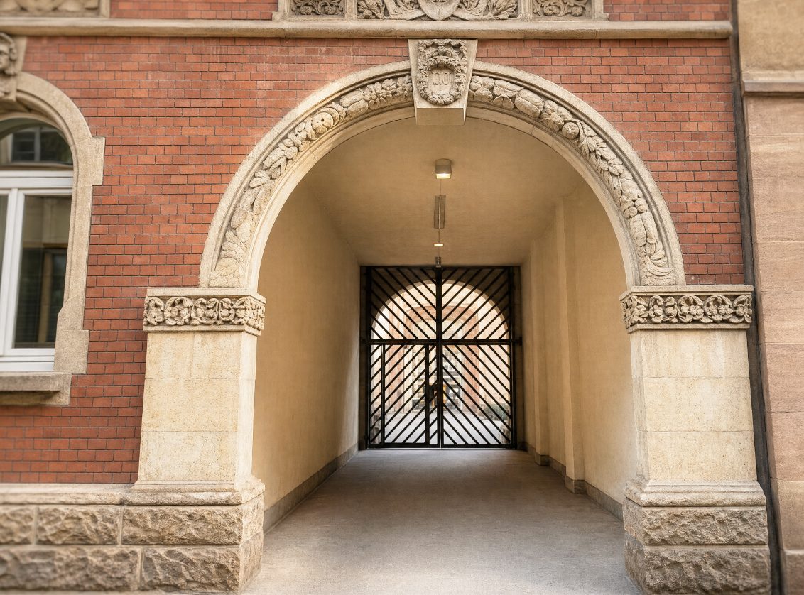 Eingang der Monteurunterkunft Erfurt: Torbogen zum Innenhof mit Stellplätzen