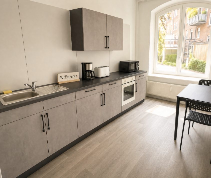 Eigene Küche der Monteurwohnung in Erfurt mit Herd, Backofen, Mikrowelle und Esstisch